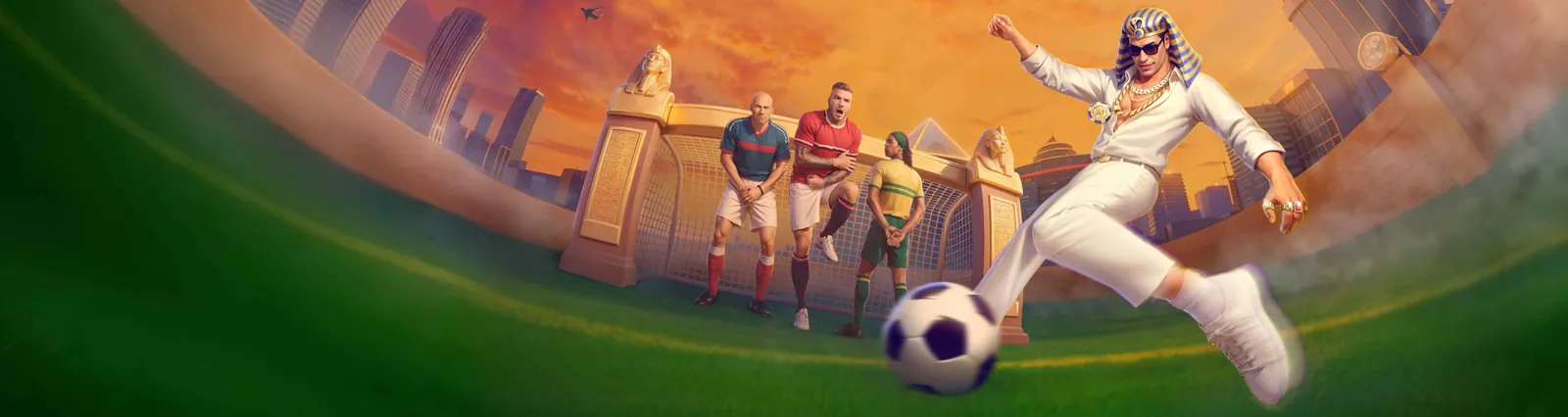 Football players and a pharaoh on the pitch